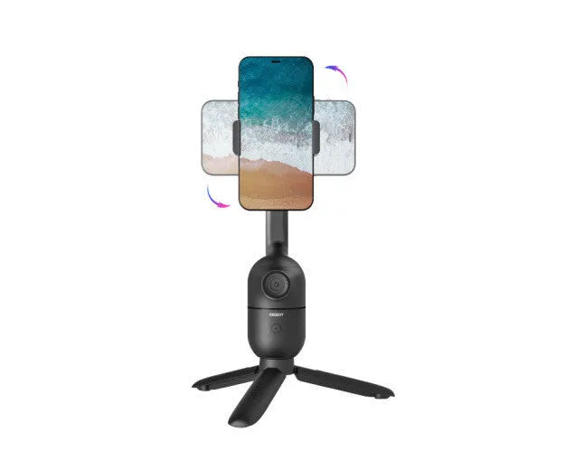 Black mobile phone bracket with face-following technology and PTZ tripod mounted on a phone