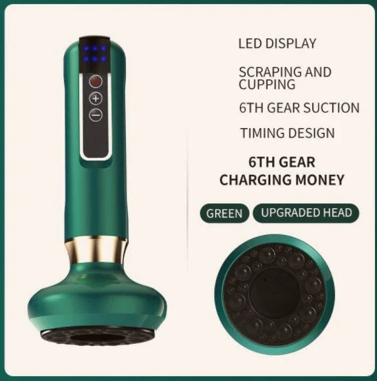 A versatile electric vacuum cupping massager with 12 suction levels, infrared heating, and portable wireless design for holistic self-care at home.