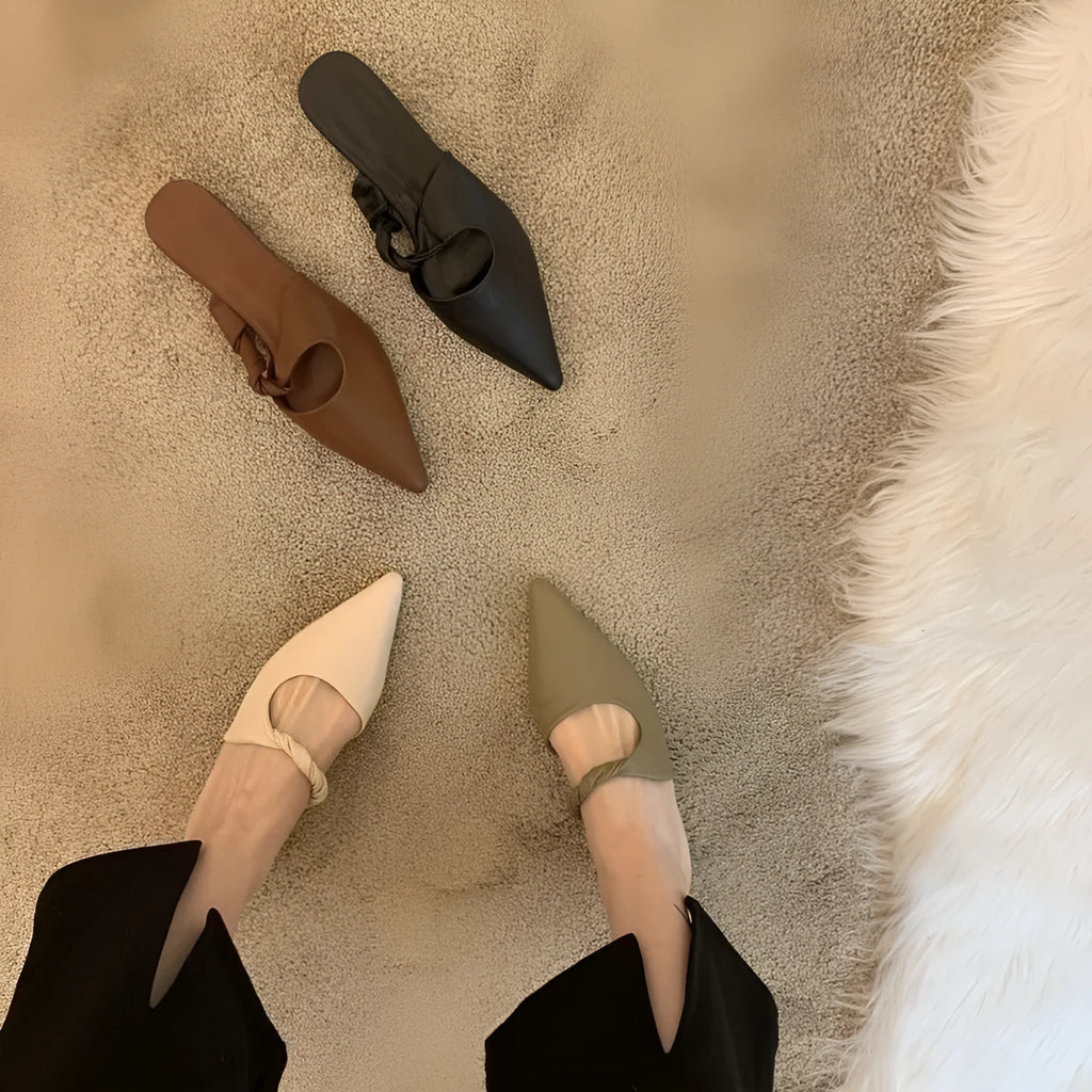 Women's soft leather slippers with semi-toe box design in four colour options