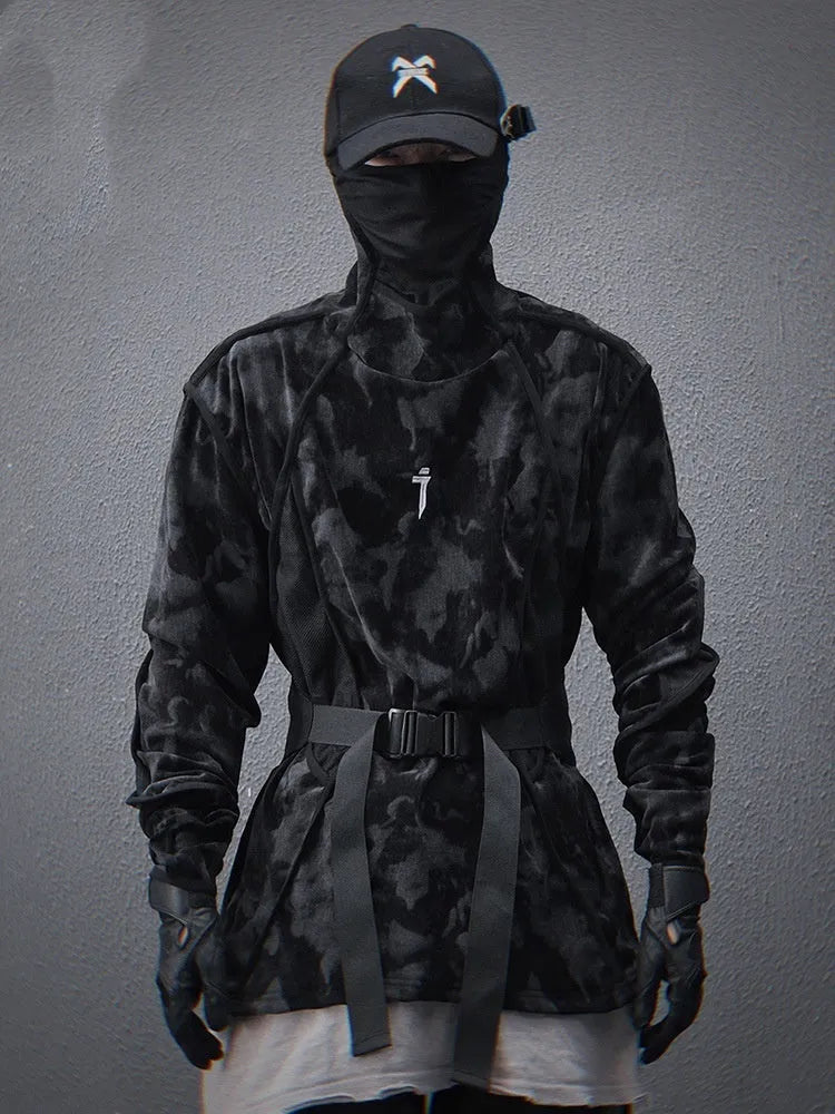 Men's loose fit turtleneck sweater with full printed tie dye pattern in black colour