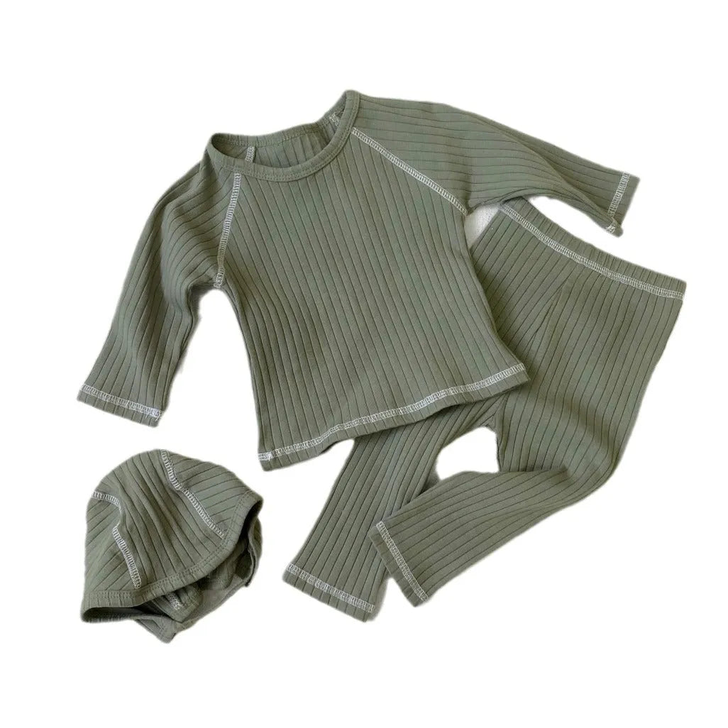 Soft glutinous cotton thick sunken stripe two-piece set with hat for baby toddler, pullover design, solid colour options