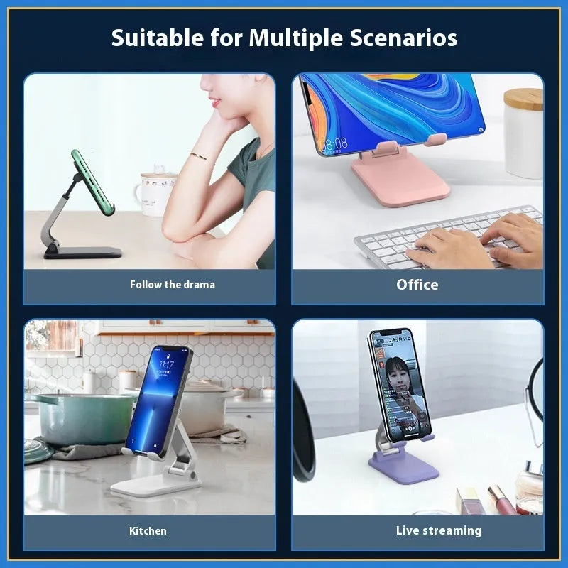 Q7 weighted portable folding desktop stand in four colour options holding mobile phone