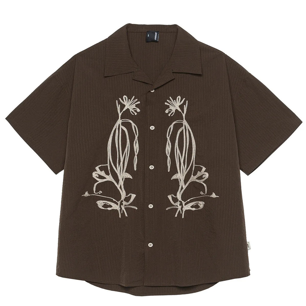 Brown striped outdoor waterproof short sleeve shirt with Cuban collar for mountain camping