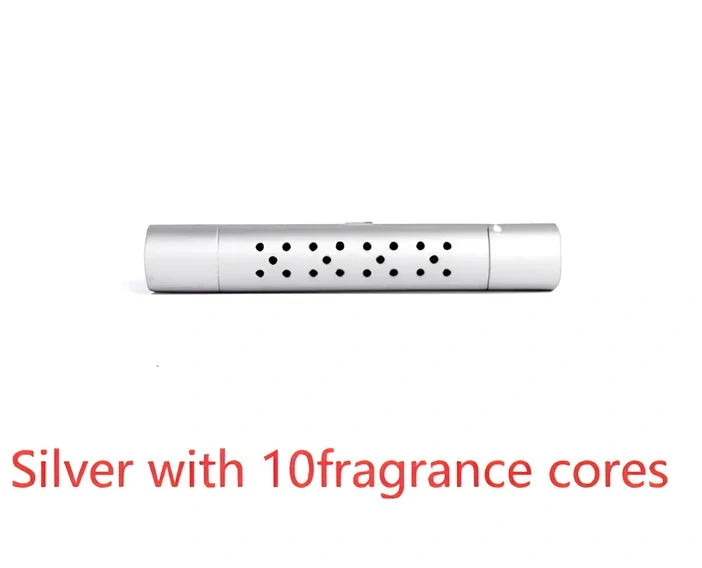 Silver aluminium alloy car vent clip-on air freshener, 83x13mm size, 46g, with replaceable fragrance cores