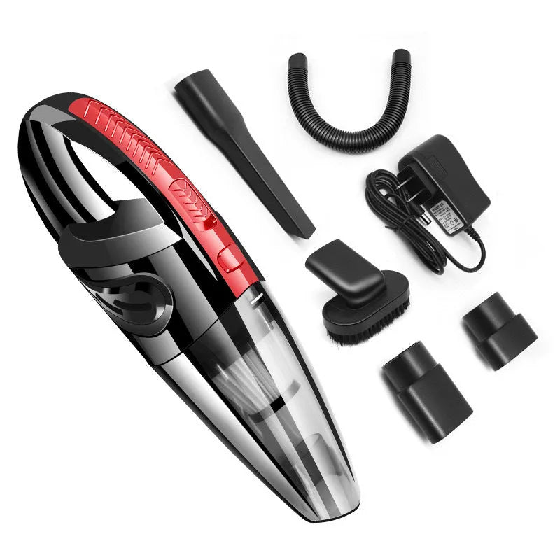 Black cordless handheld car vacuum cleaner with attachments on a grey surface