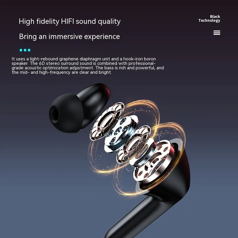 Black wireless Bluetooth headset, earplug style, PC+ABS construction, 10-metre range