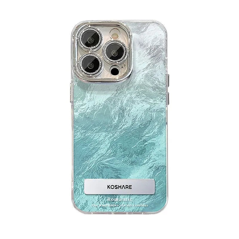 Ice blue gradient hard PC phone case with invisible bracket and silver chain for iPhone 15 Pro Max