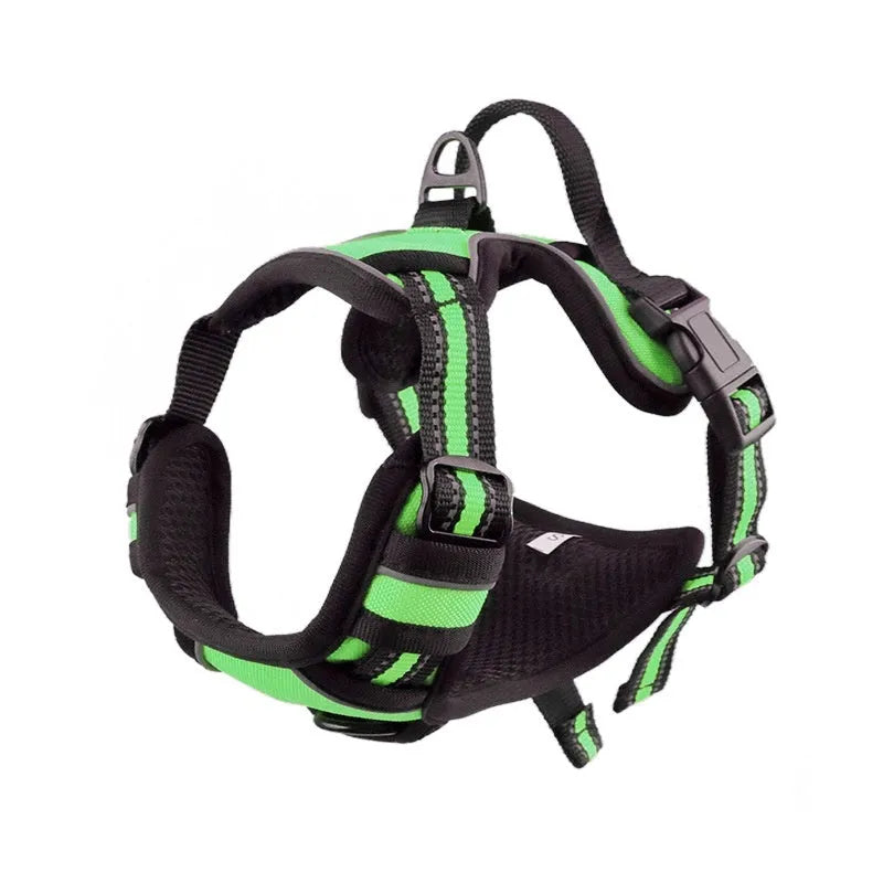 Adjustable outdoor dog chest strap harness made of Oxford cloth in various colours with a D-ring.