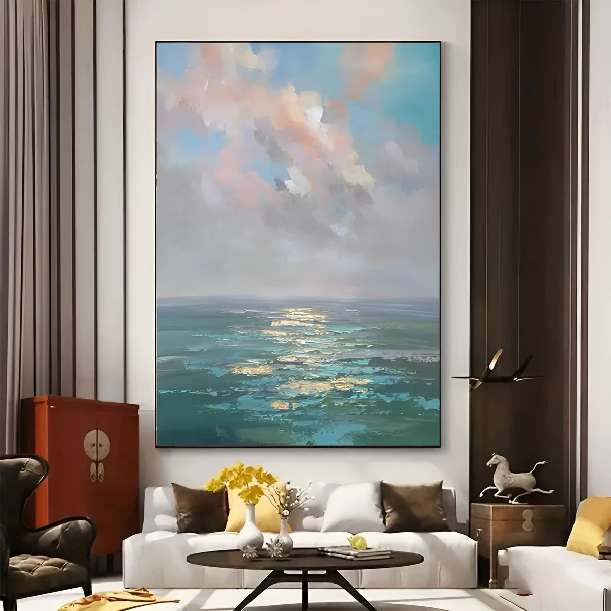 Handmade oil painting canvas abstract ocean landscape modern wall art for home decor, rolled frameless unstretched