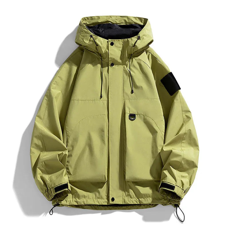 Men's waterproof hooded jacket in black, ginger yellow or purple colours showing regular length cut and long sleeves
