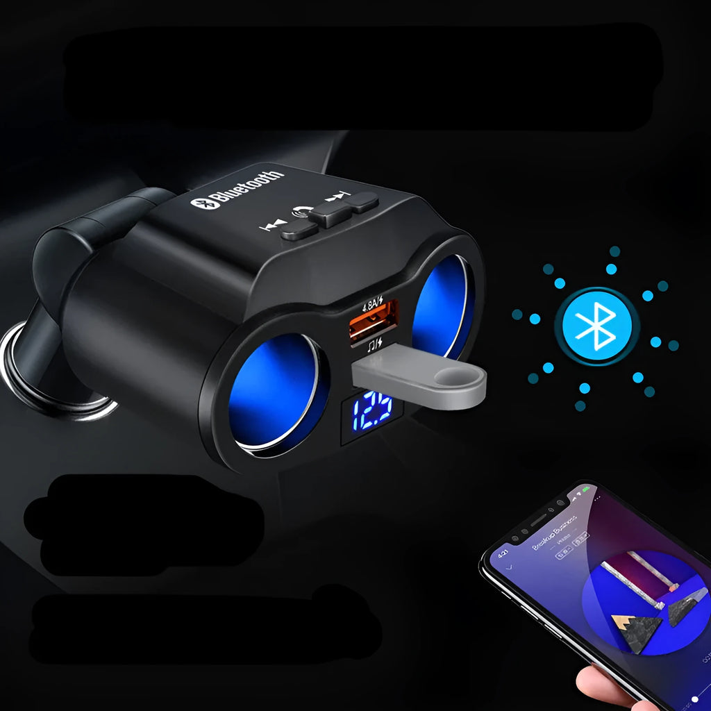 Car Bluetooth FM transmitter and MP3 player with fast-charging USB port for cigarette lighter socket.
