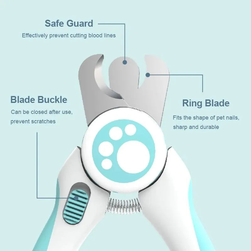 Blue and white pet nail clipper with safety lock, shown with a separate nail file.