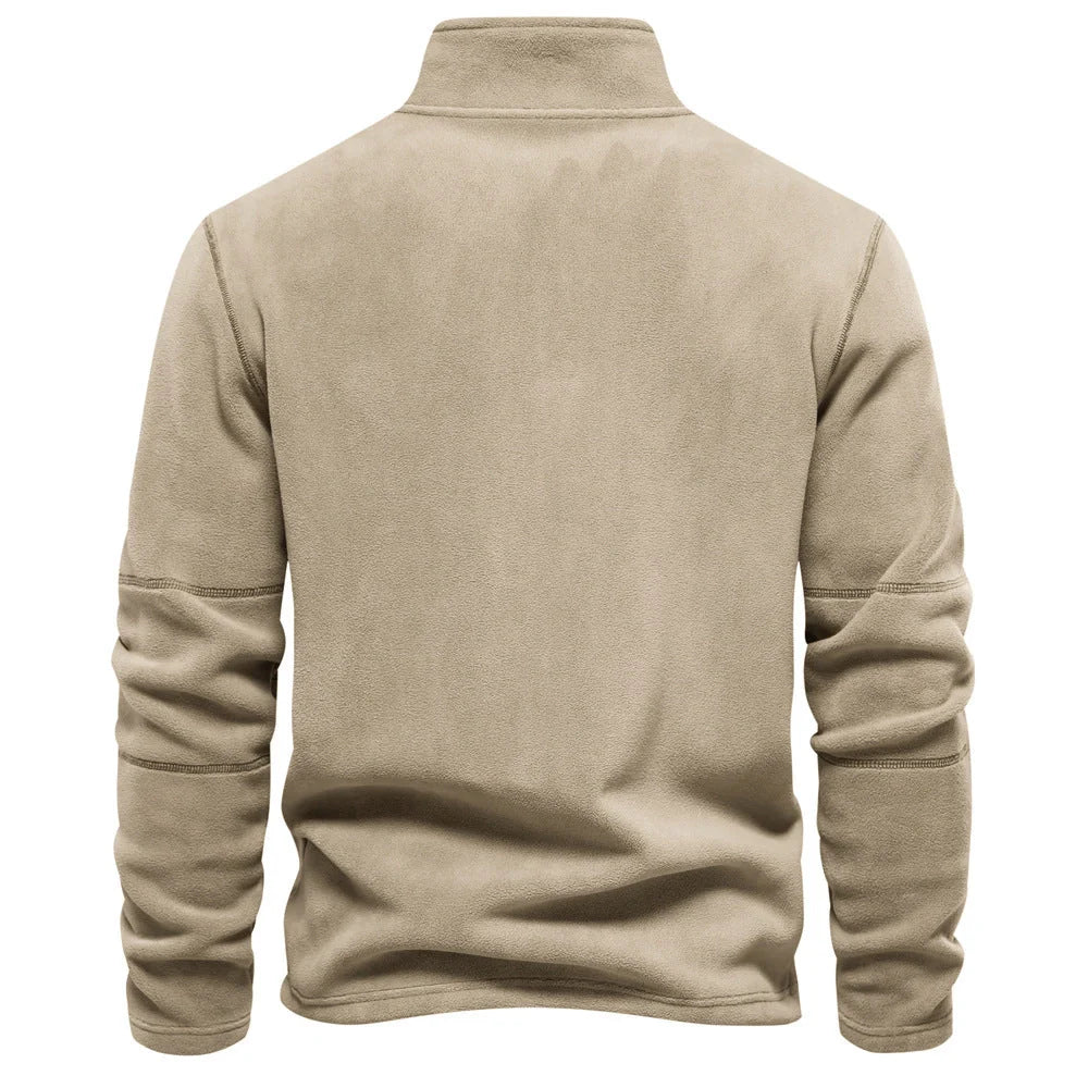 Men's stand-collar zippered fleece sweatshirt in olive green, brown, and dark grey