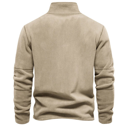Men's stand-collar zippered fleece sweatshirt in olive green, brown, and dark grey