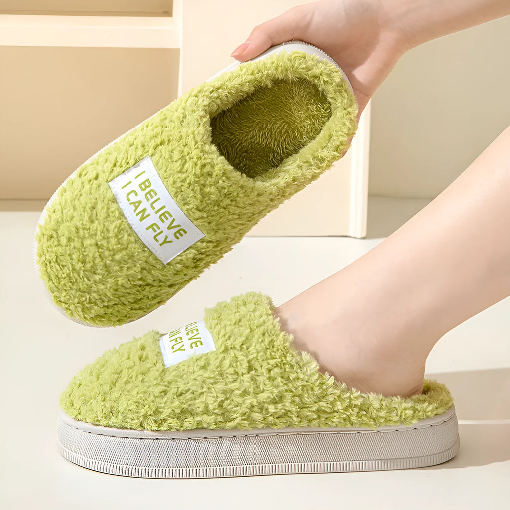 Letter design thick sole fluffy slippers in dark grey with plush upper and PVC sole for non-slip winter use