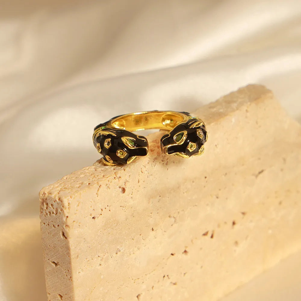 Black cheetah print open geometric ring for women, size No 7, made of electroplated copper.