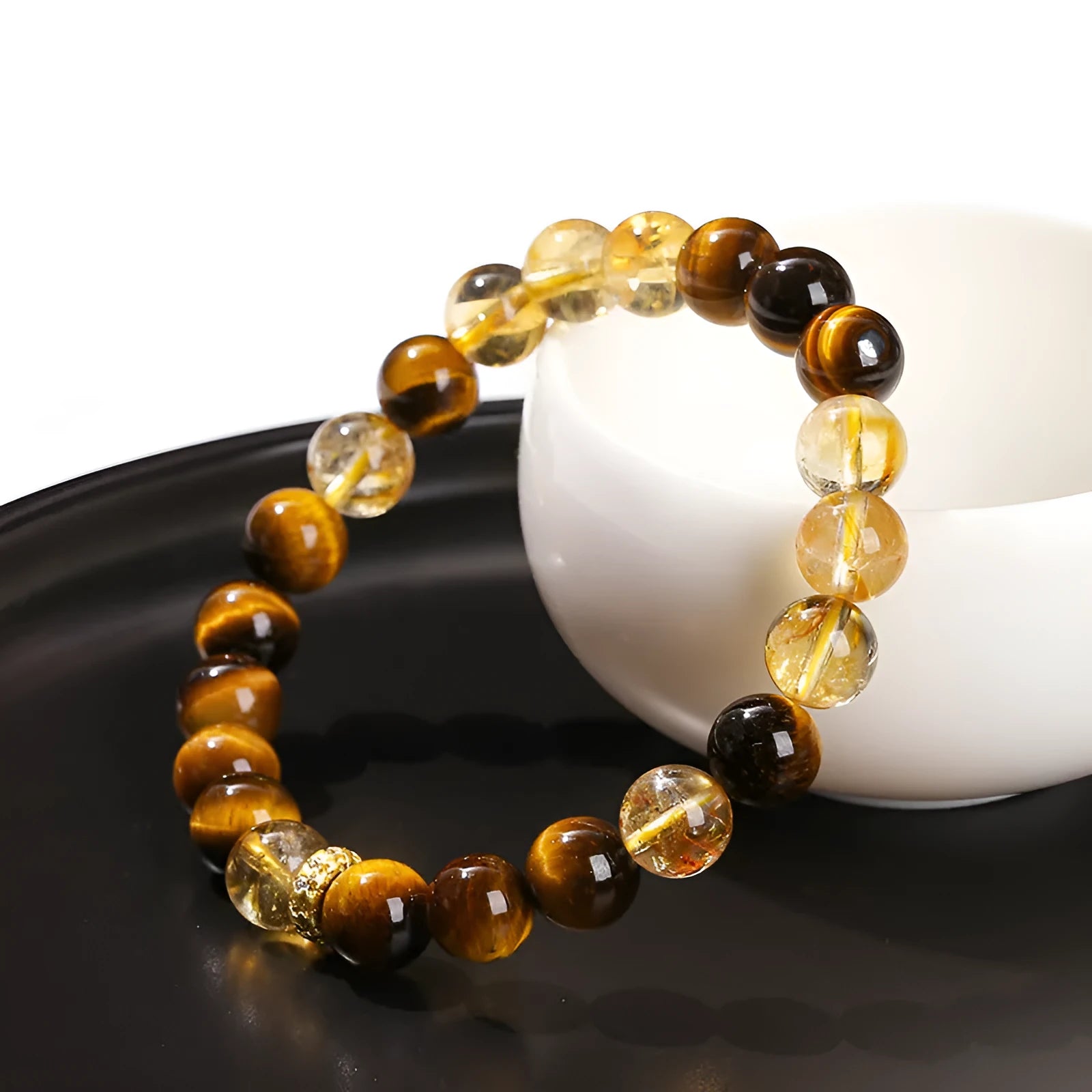 Natural yellow tiger eye stone and tower crystal bracelet with 8mm round beads in geometric design