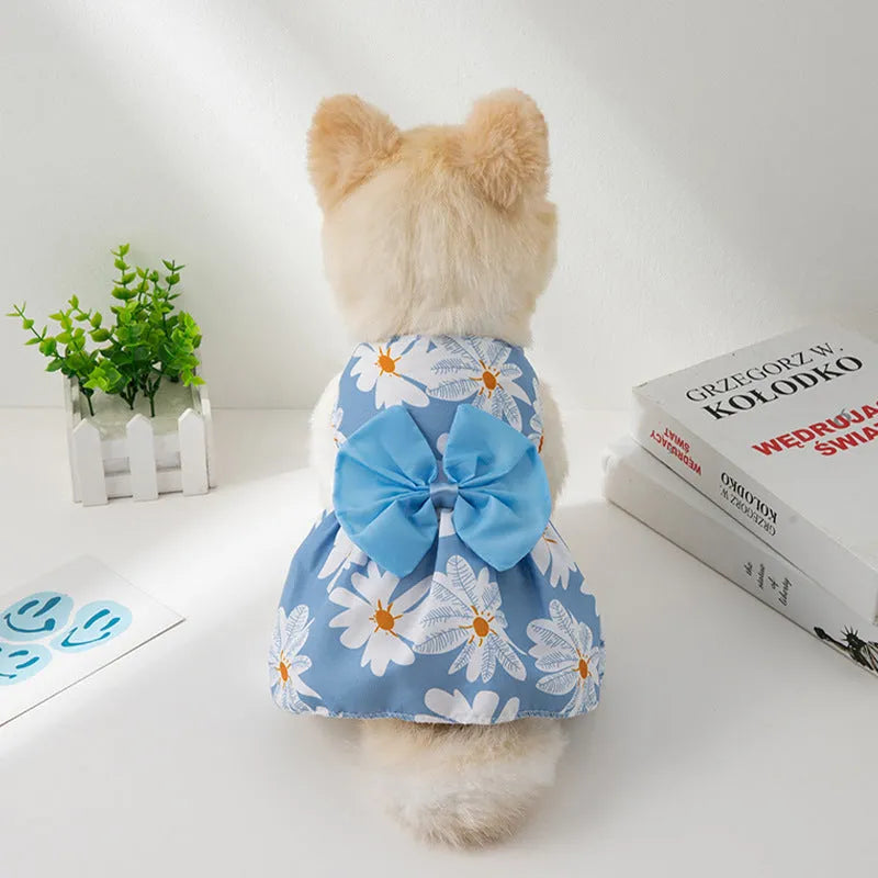 Ultra-thin floral butterfly knot princess dress for pets in summer, shown with colour bow options.