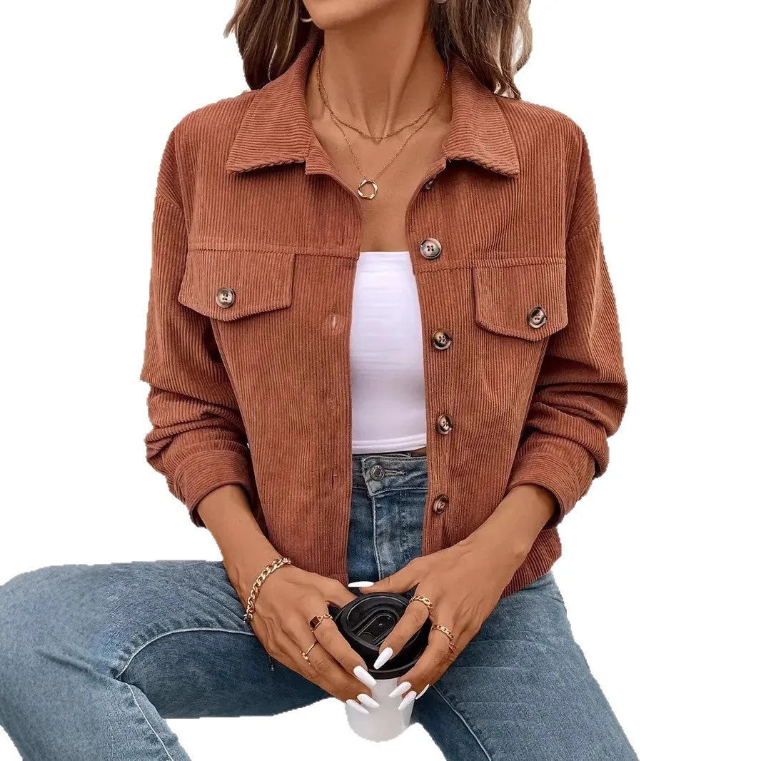 Women's loose-fit retro artistic shirt coat in polyester, shown in one of six available colours.