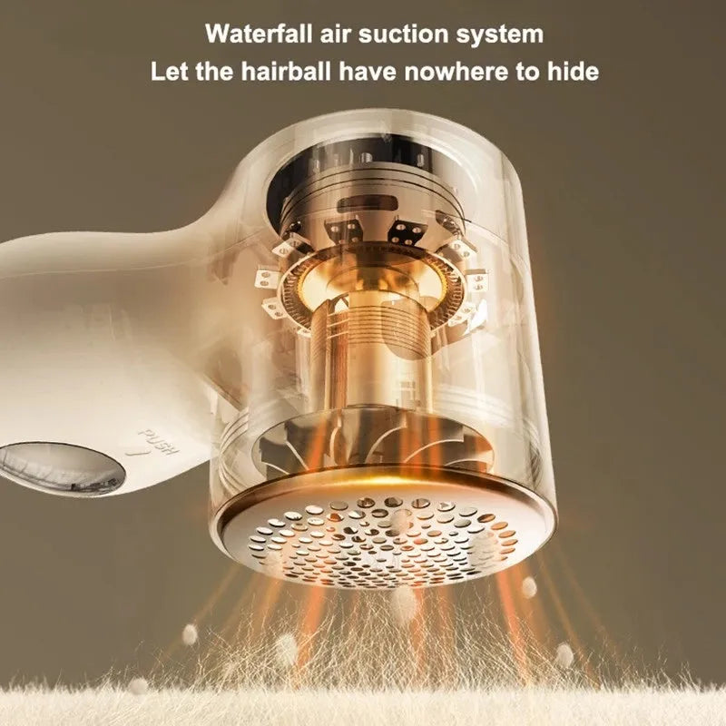 White electric lint remover with LED display and USB port on a fabric background.
