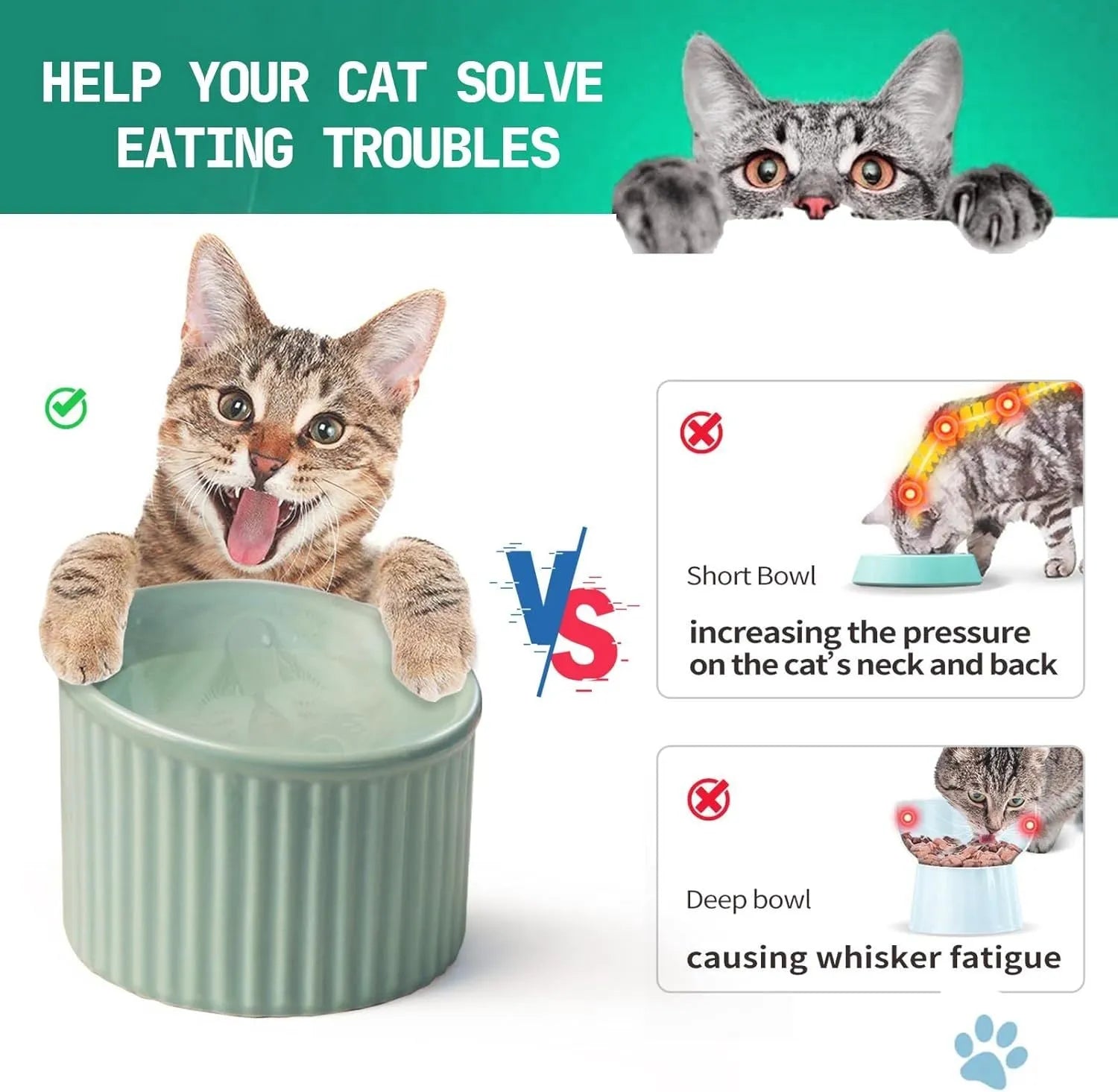 Elevated ceramic cat bowl in dark green, showing its tilted design and round, whisker-friendly shape.