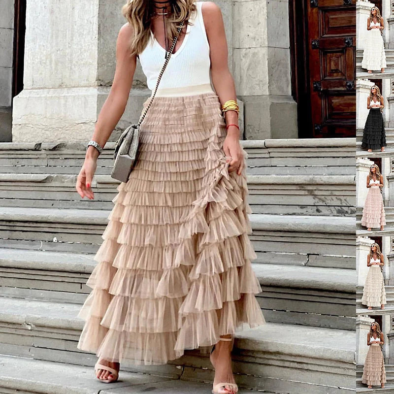 Women's layered ruffles cake skirt in mesh fabric, available in multiple colours