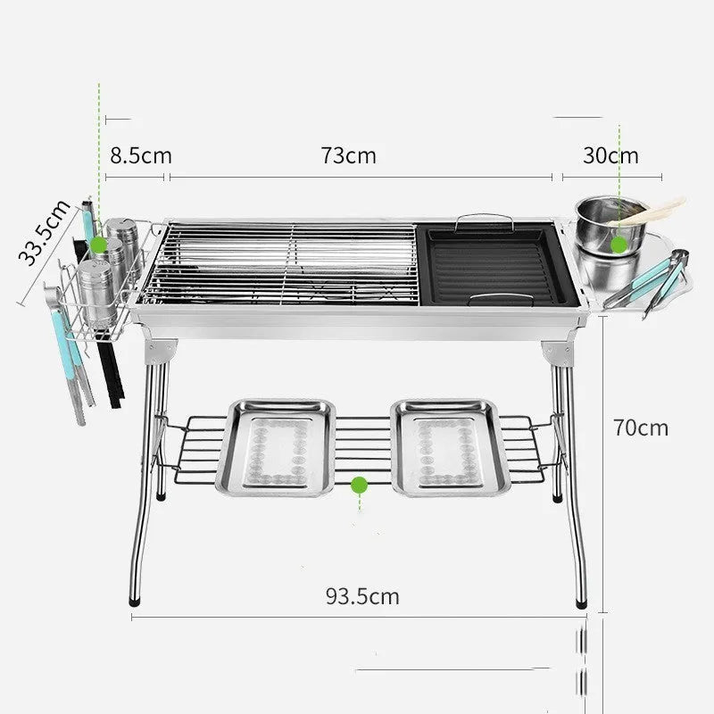 A stainless steel portable folding barbecue oven with dimensions 73cm long, 33.5cm wide, and 70cm high.