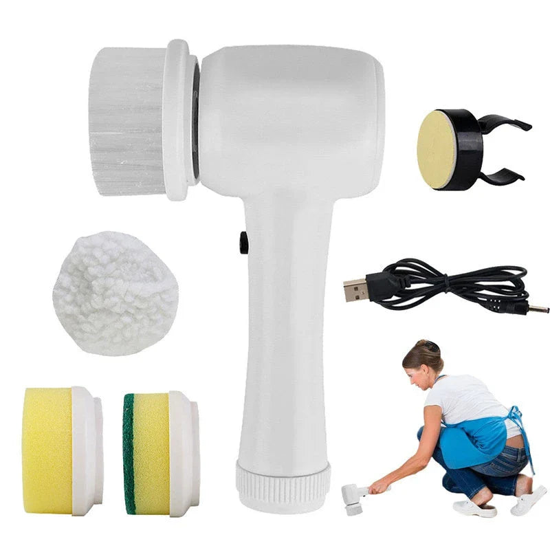 Rechargeable Electric Spin Scrub Brush with 4 interchangeable brush heads for efficient cleaning of tiles, porcelain, stainless steel, and more