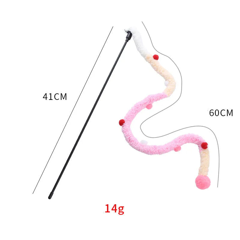 Cat teaser wand with long plush strip and colourful ball with bells for interactive indoor play
