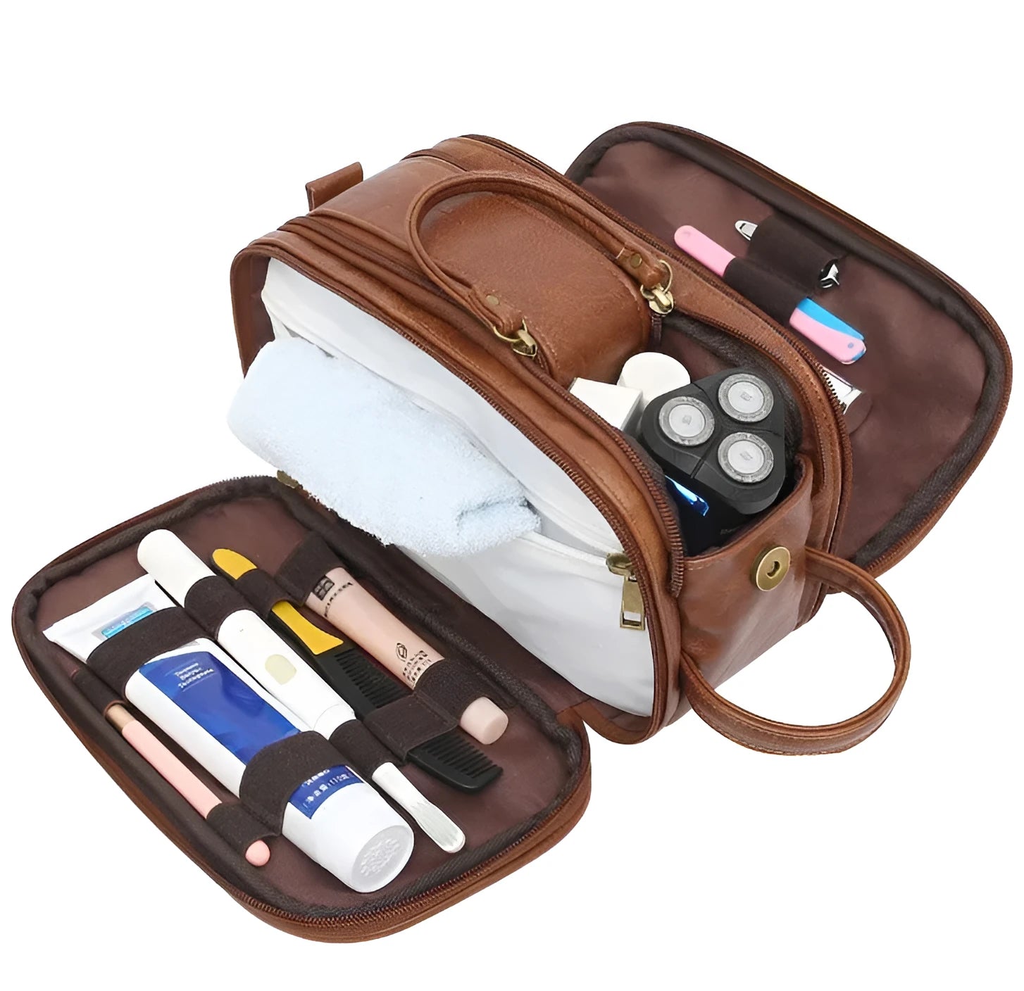 Men's black and brown Pu toiletry bag for travel cosmetic storage.