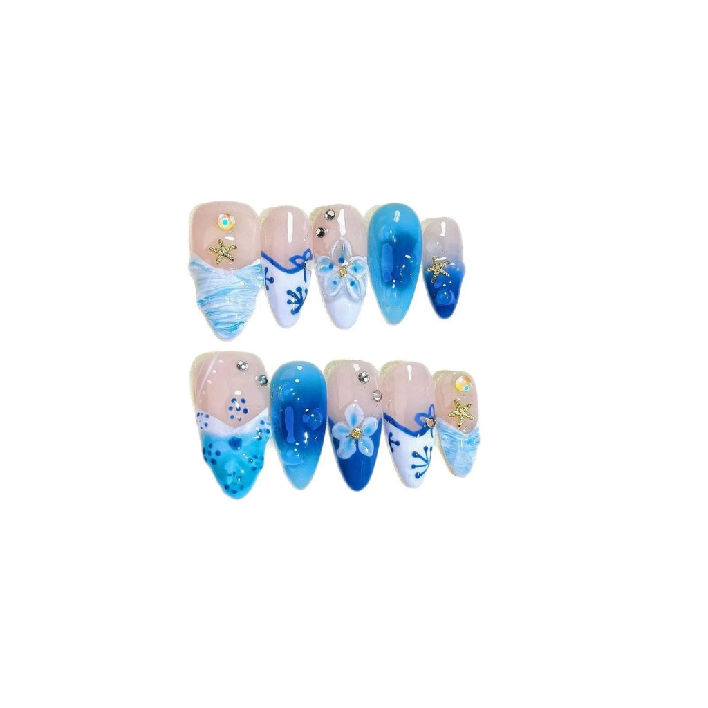 Blue hand-painted carved summer ice transparent false nails set in plastic wearable armour