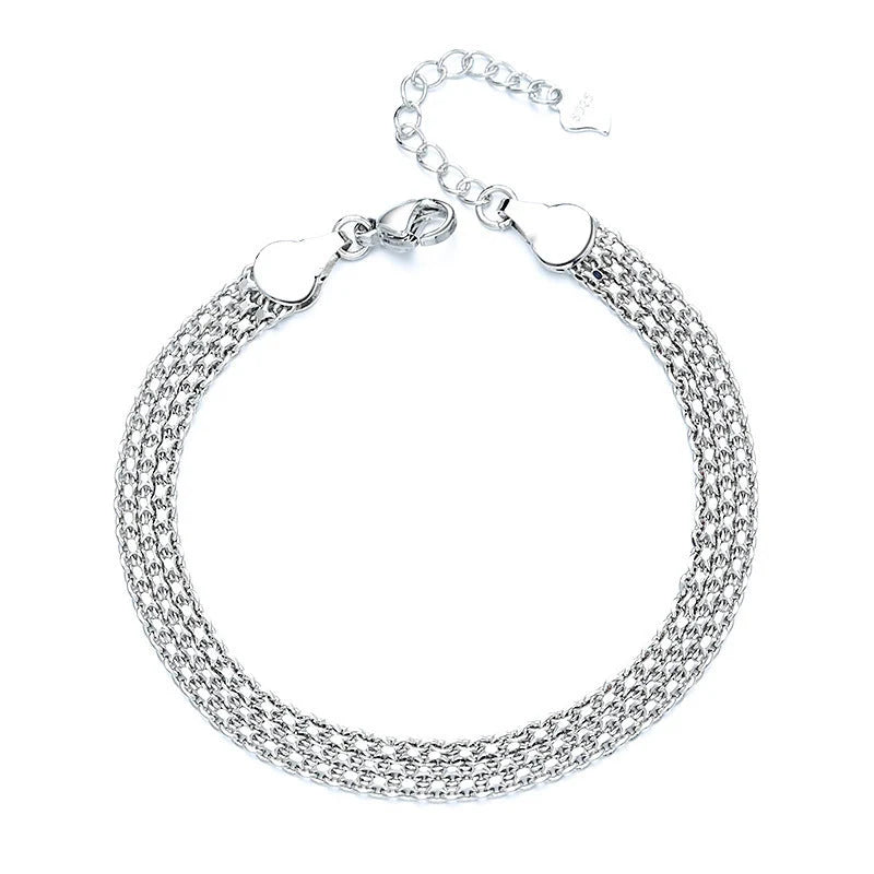 Multi-layer lace woven round beads chain bracelet in white gold color
