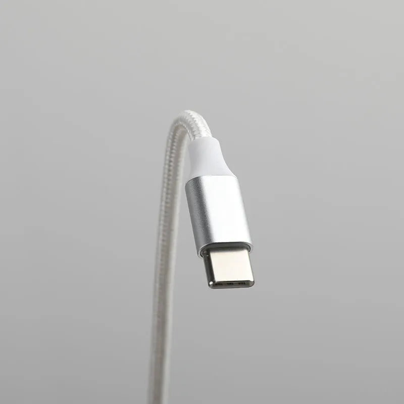 Type-C three-in-one data cable in white with nylon braided wire, 2 metre length, three charging heads