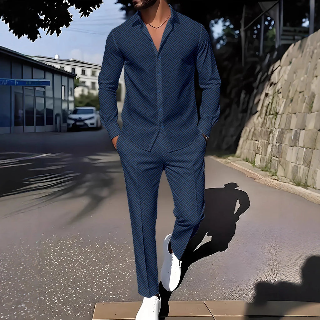 Men's plaid square grain print suit set with shirt jacket and trousers in navy blue