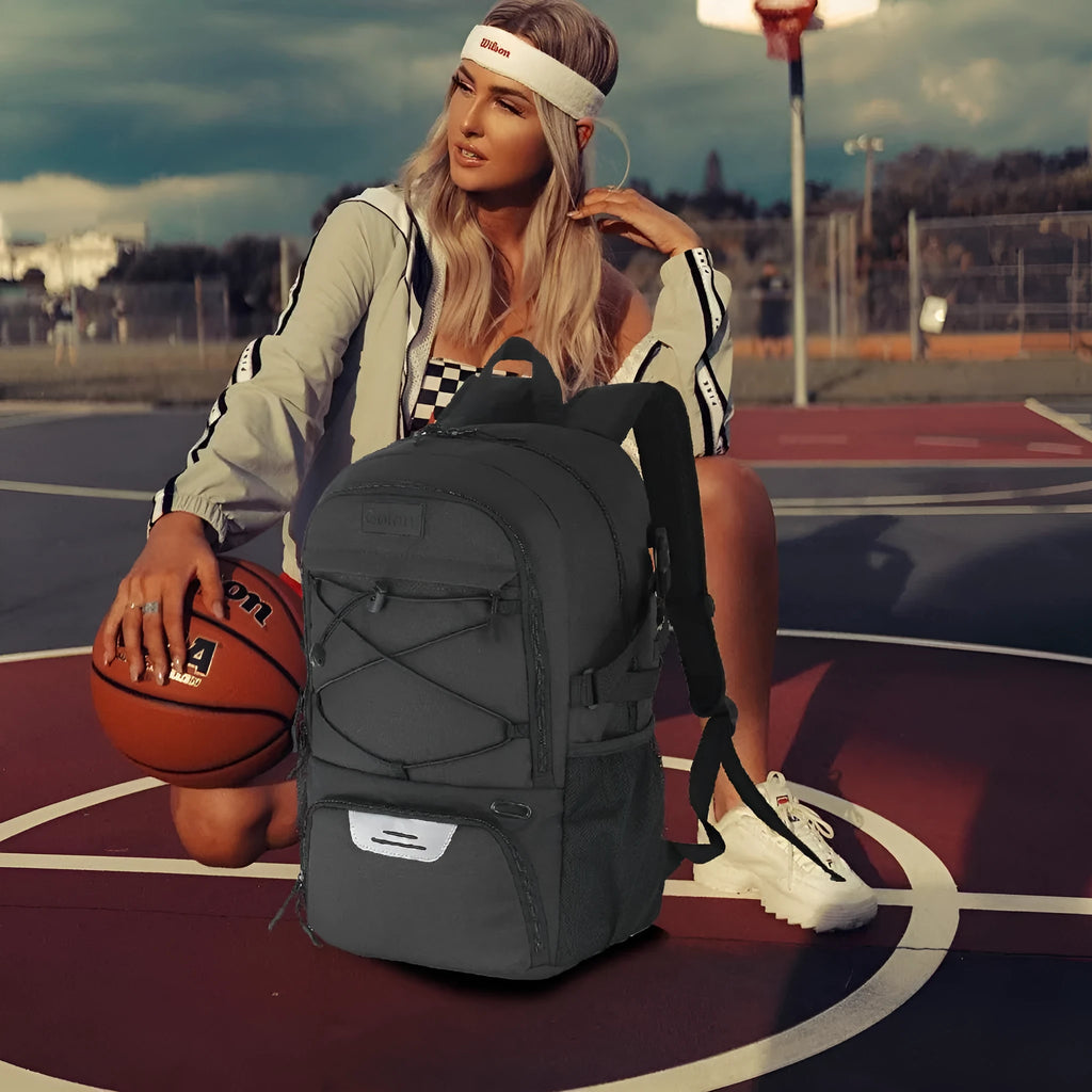 Oxford cloth basketball training backpack in black, showing 25-35L capacity for shoe storage