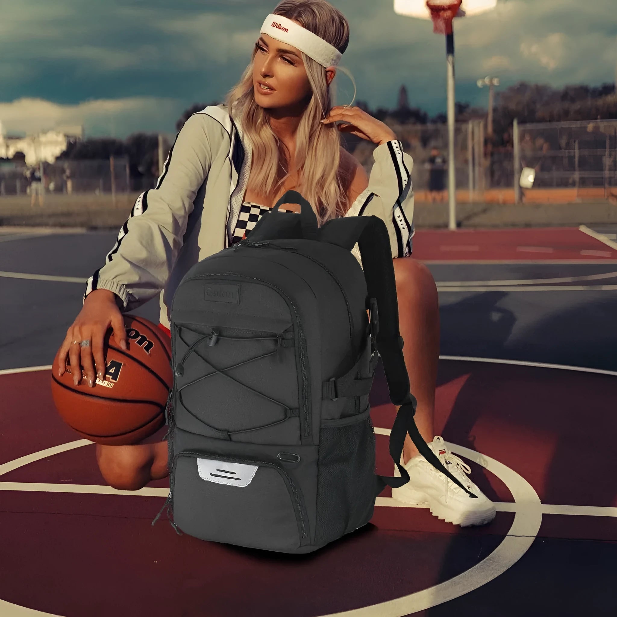 Oxford cloth basketball training backpack in black, showing 25-35L capacity for shoe storage