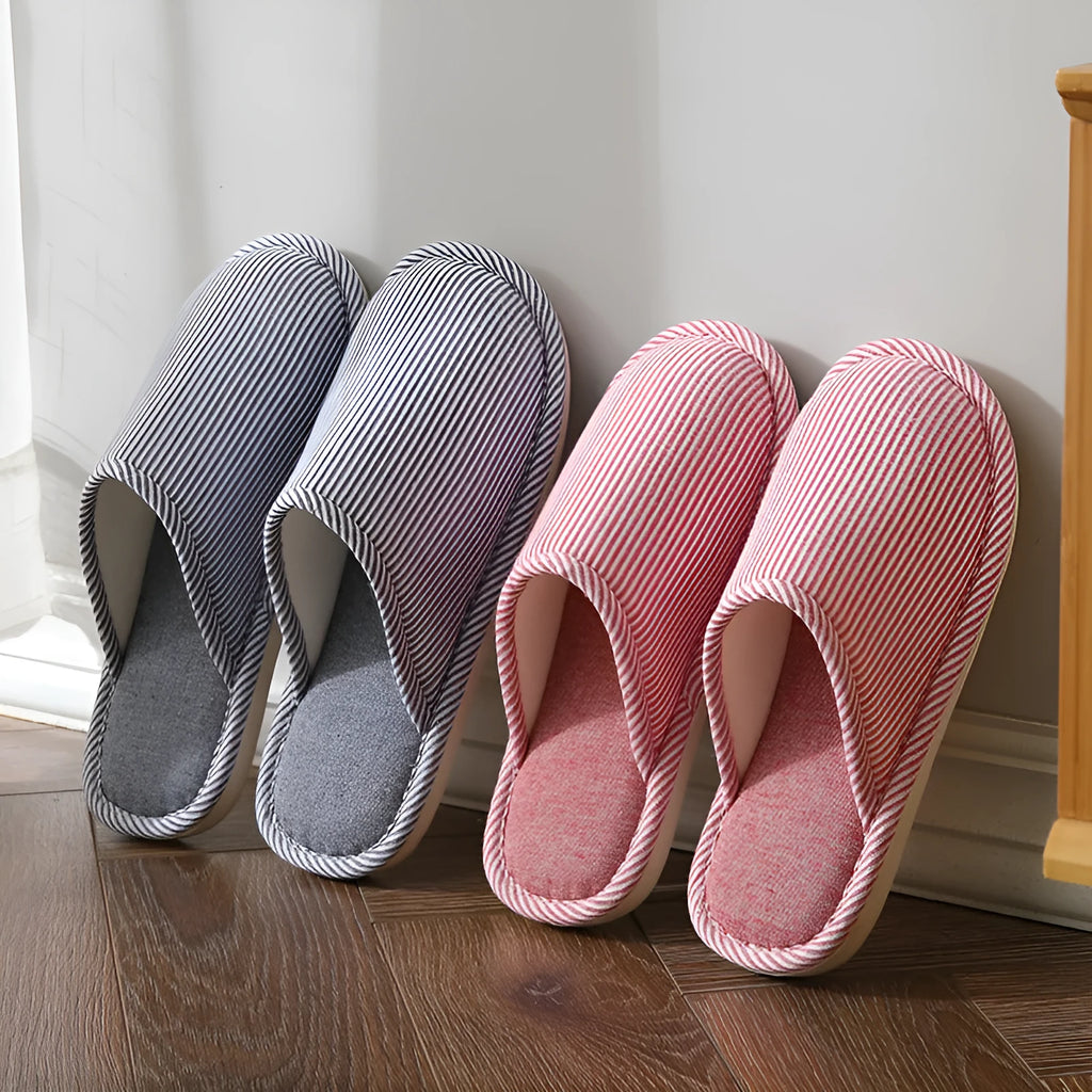 Household stripes non-slip cotton slippers with PVC sole, wine red colour, round toe, half-covered heel