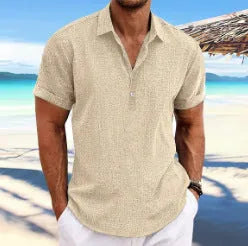 Light grey men's loose fit cardigan with lapel collar and long sleeves on a hanger.