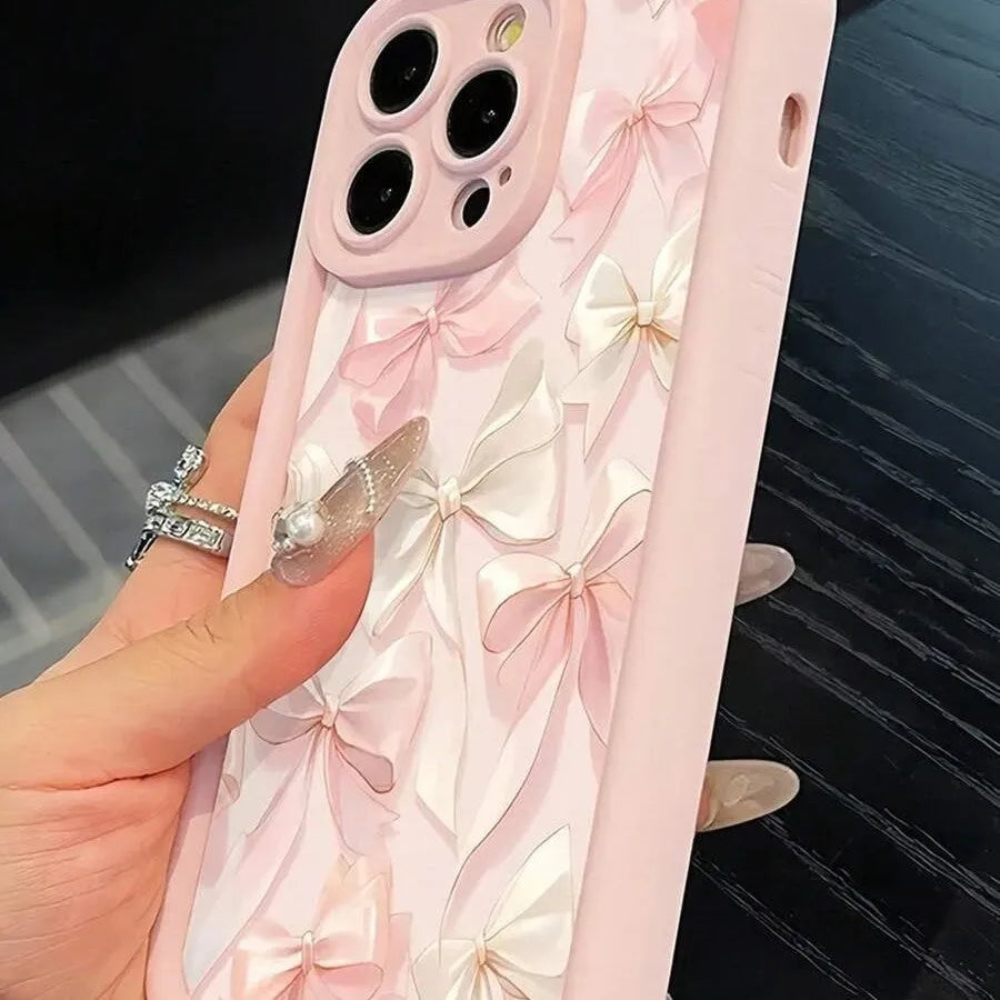 Pink all-inclusive TPU phone case with silk bow and Sky Eye ladder design for Apple iPhone