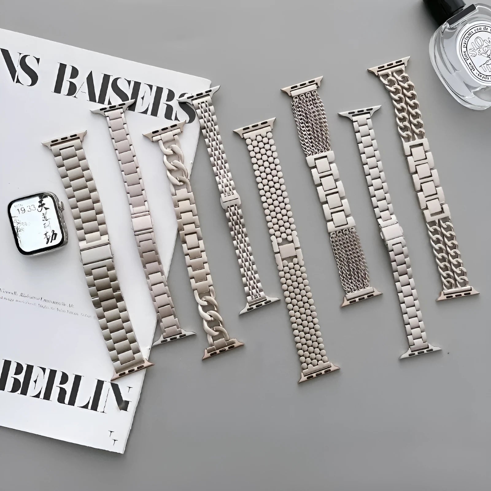 Starlight metal stainless steel watch strap for Apple Watch with bead chain links, compatible with 38/40/41mm and 42/44/45mm