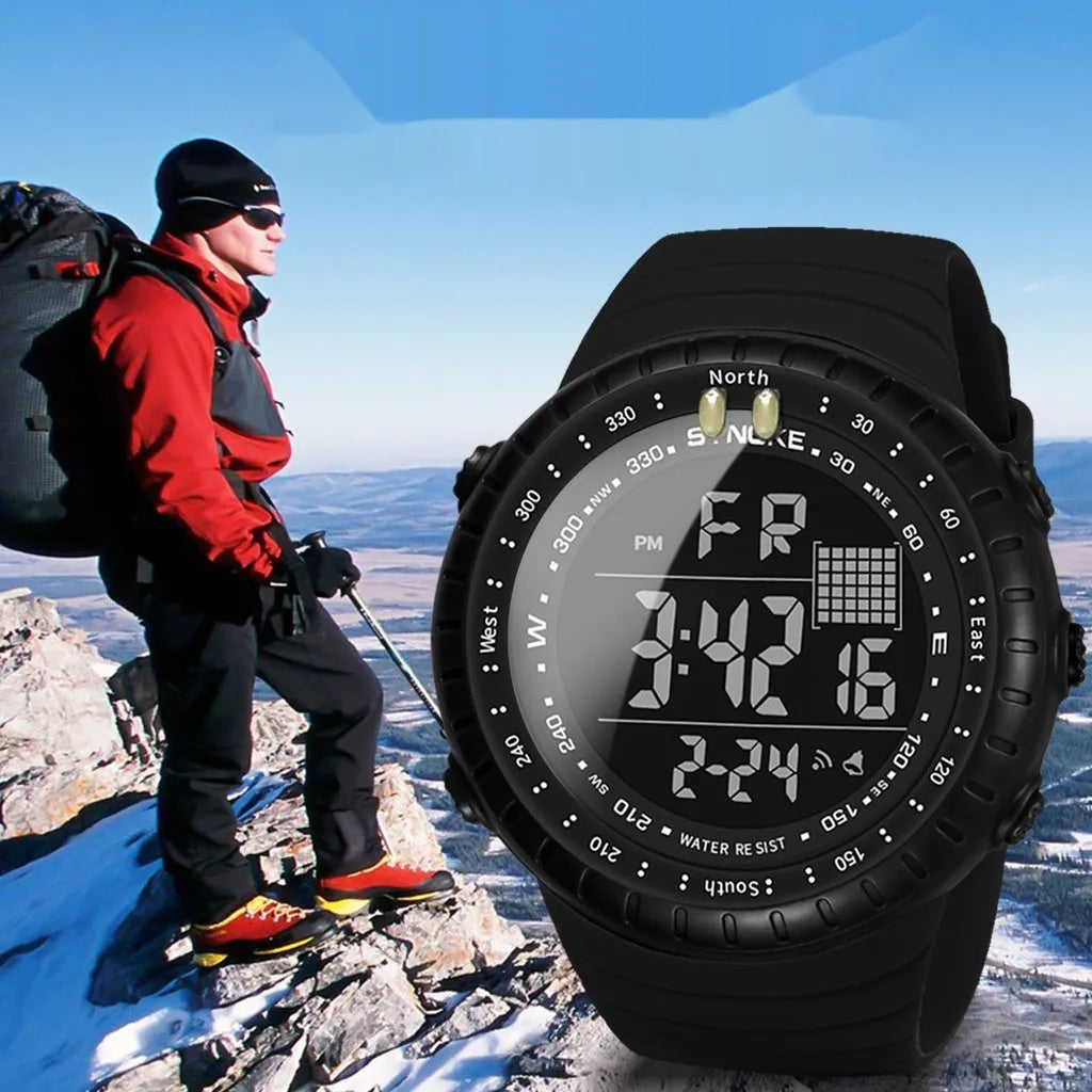 Black waterproof outdoor electronic watch for men with large plastic case and PU strap.