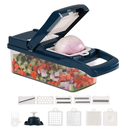 Versatile vegetable slicer with interchangeable blades for slicing, dicing, and shredding a variety of fruits and vegetables