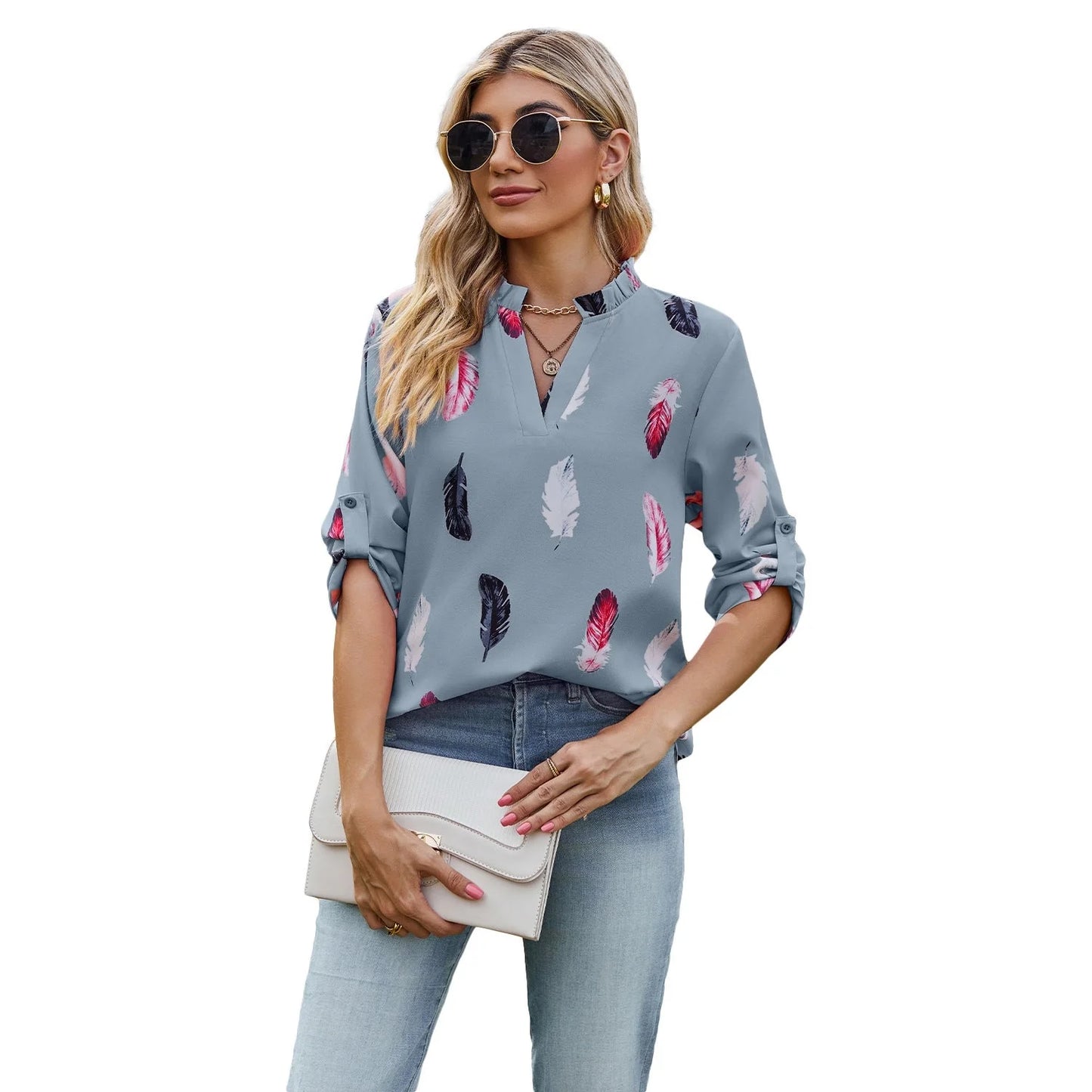 V-neck feather printed loose shirt in various colours, showcasing unique design and comfortable fit