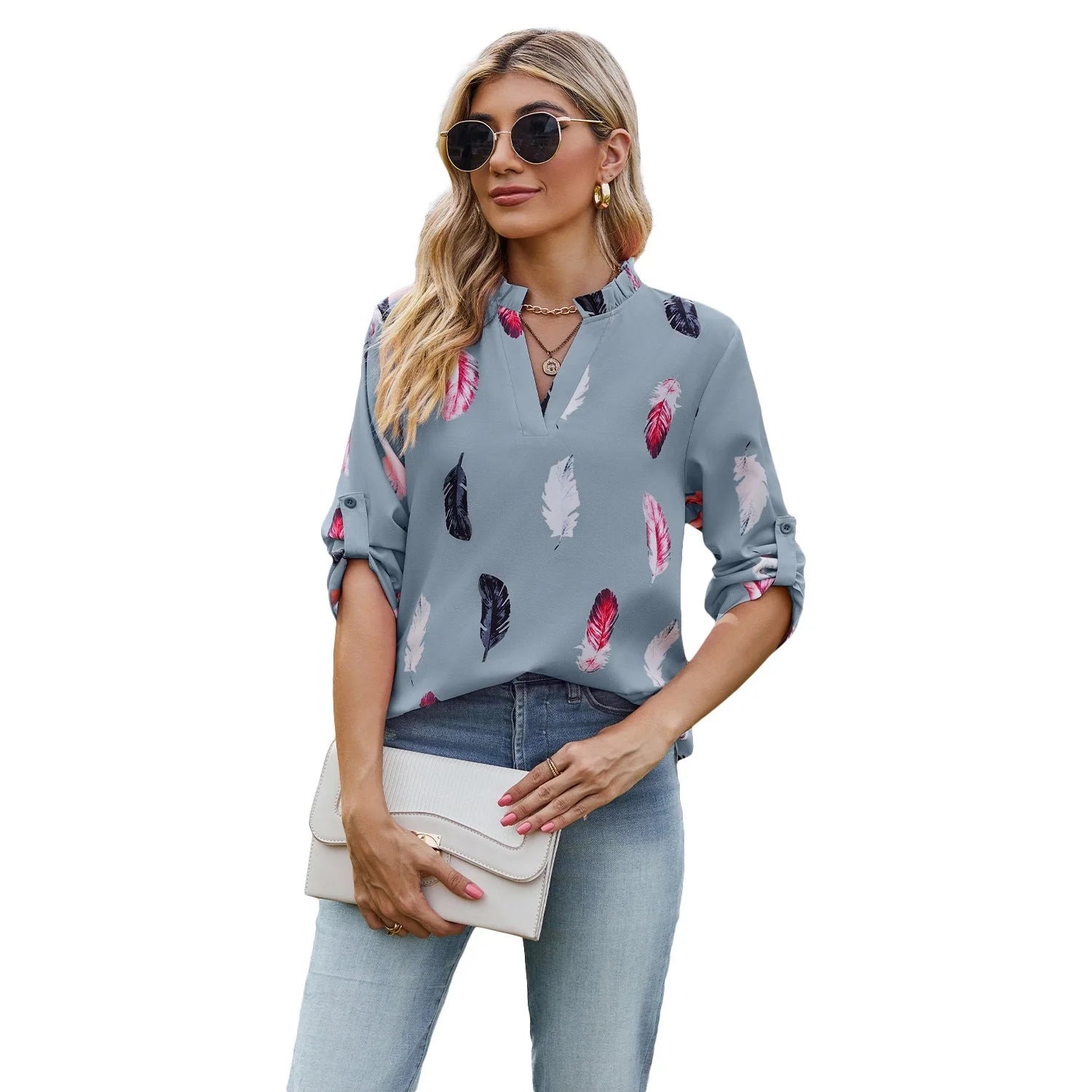 V-neck feather printed loose shirt in various colours, showcasing unique design and comfortable fit