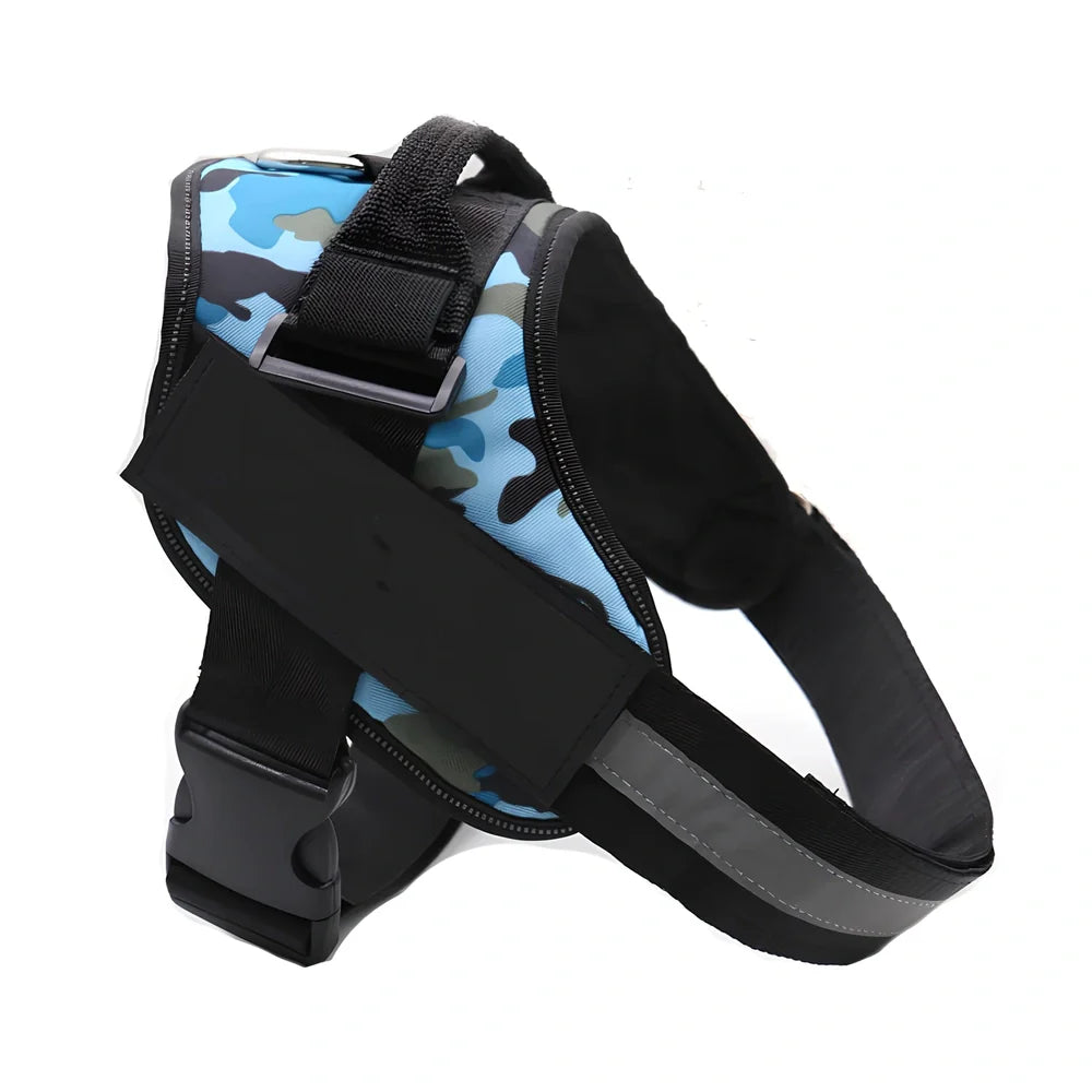 Adjustable nylon no-pull dog harness in black with reflective straps and custom patch, fits bust 25-120cm for small to large breeds