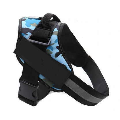 Adjustable nylon no-pull dog harness in black with reflective straps and custom patch, fits bust 25-120cm for small to large breeds