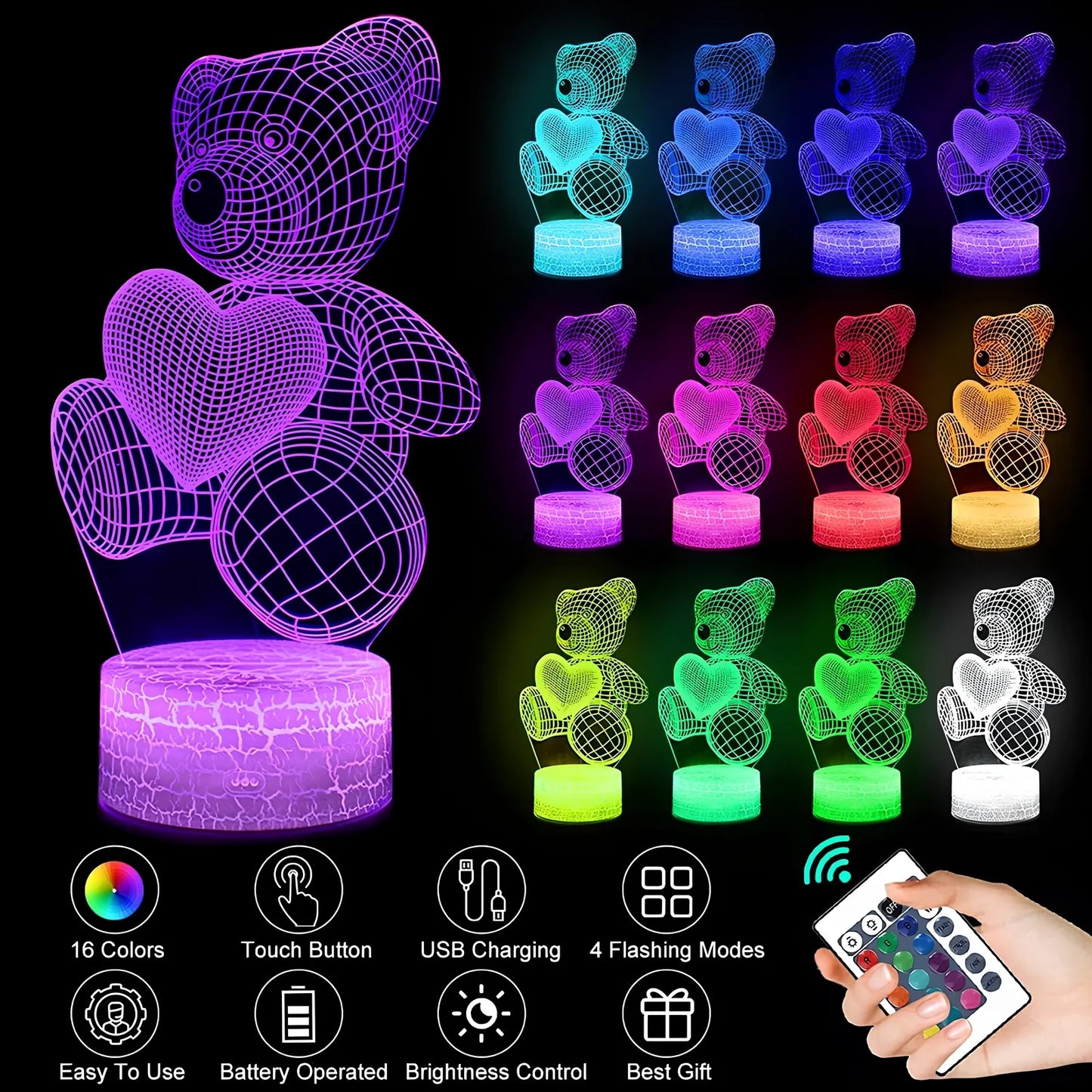 3D acrylic teddy bear LED night light with remote control and USB power cable