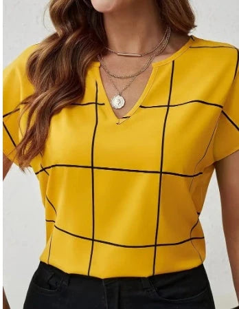 Women's plaid print notched neck short sleeve blouse in yellow, white, and blue