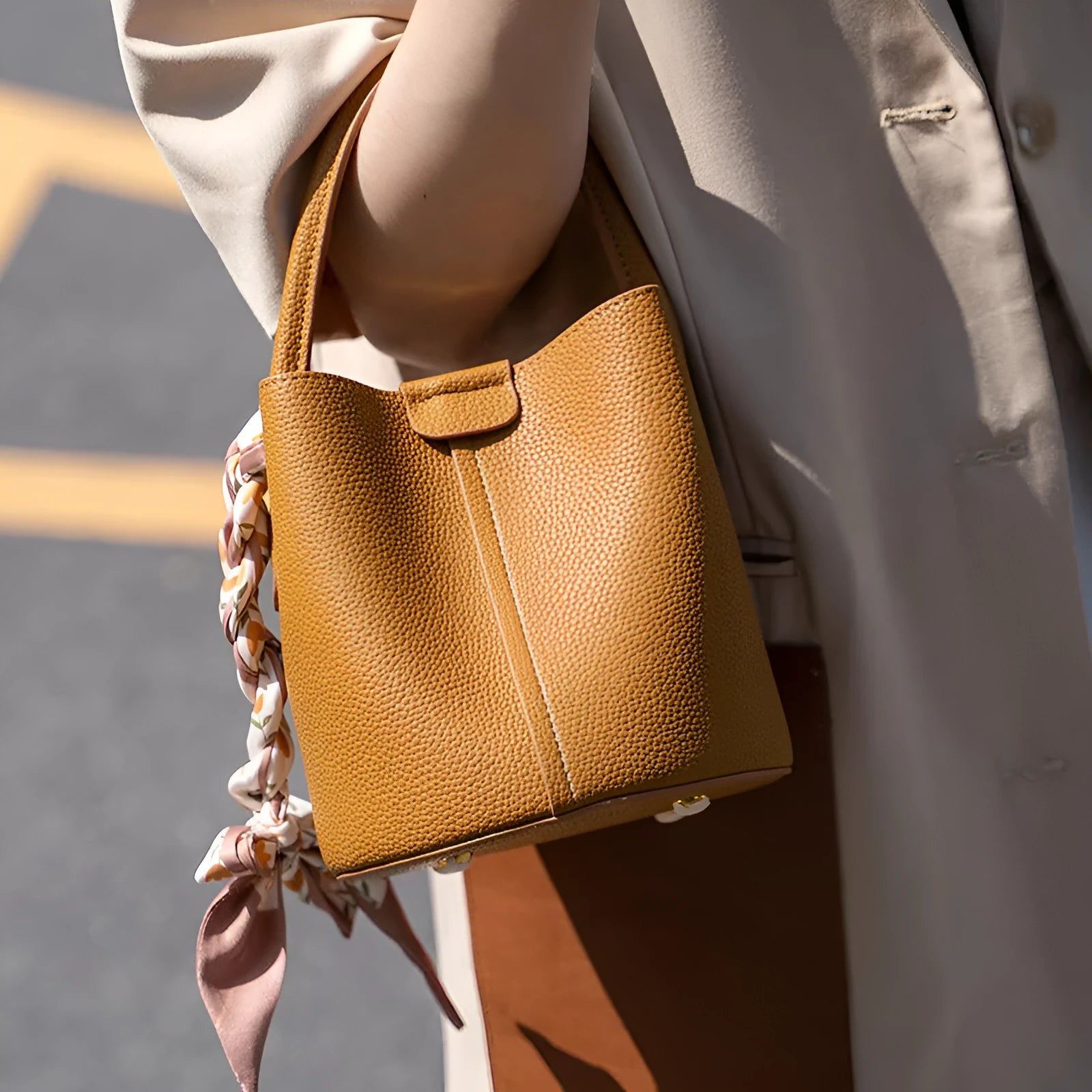 PU leather casual handbag for women with bow detail in golden brown