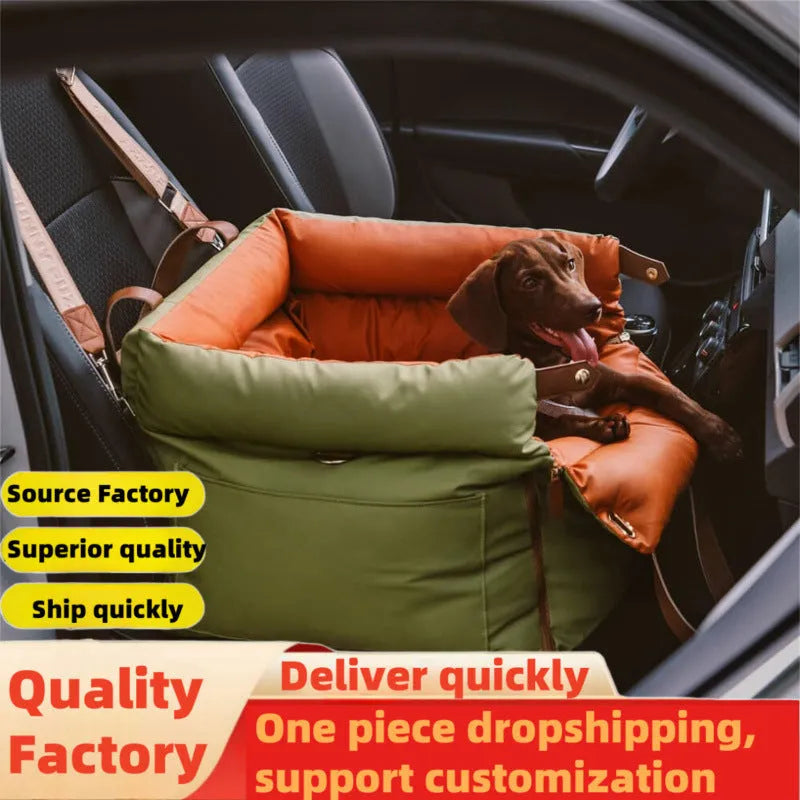M size green waterproof PU leather dog car bed with removable cushion
